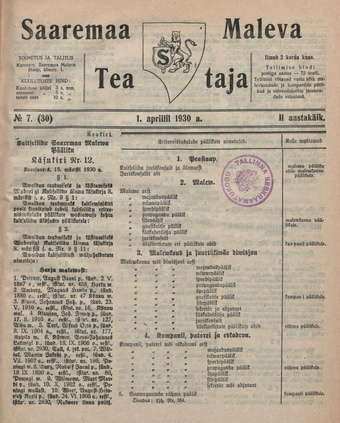 Saaremaa Maleva Teataja ; 7 (30) 1930-04-01