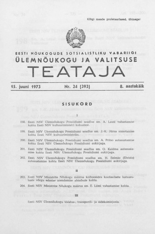 Eesti Nõukogude Sotsialistliku Vabariigi Ülemnõukogu ja Valitsuse Teataja ; 24 (393) 1973-06-15