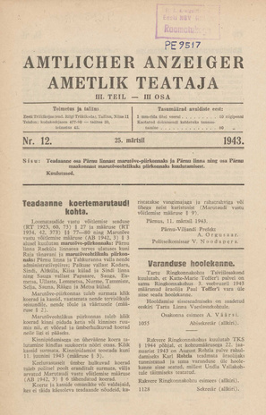 Ametlik Teataja. III osa = Amtlicher Anzeiger. III Teil ; 12 1943-03-25