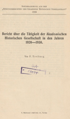Bericht über die Tätigkeit der Akademischen Historischen Gesellschaft in den Jahren 1920-1930