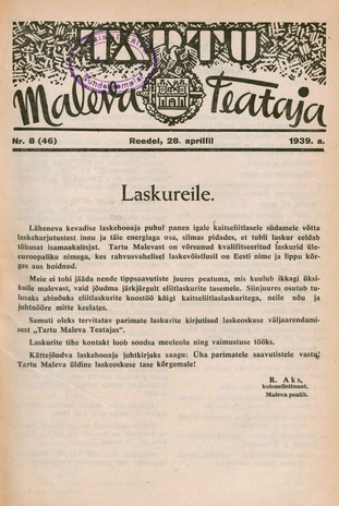 Tartu Maleva Teataja ; 8 (46) 1939-04-28