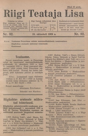Riigi Teataja Lisa : seaduste alustel avaldatud teadaanded ; 82 1929-10-18