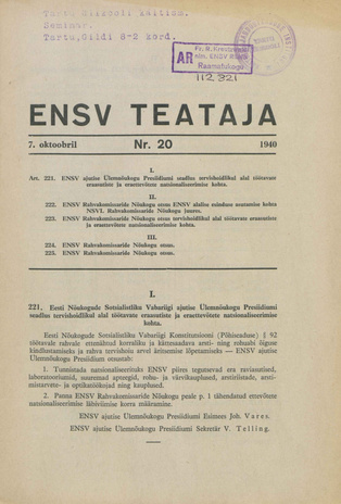 Eesti NSV Teataja ; 20 1940-10-07