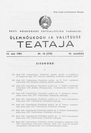 Eesti Nõukogude Sotsialistliku Vabariigi Ülemnõukogu ja Valitsuse Teataja ; 16 (578) 1981-05-15