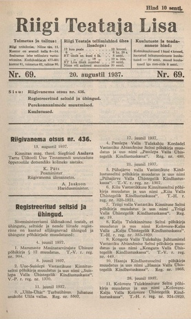 Riigi Teataja Lisa : seaduste alustel avaldatud teadaanded ; 69 1937-08-20