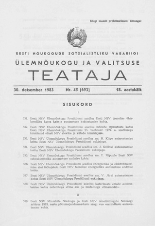 Eesti Nõukogude Sotsialistliku Vabariigi Ülemnõukogu ja Valitsuse Teataja ; 45 (693) 1983-12-30