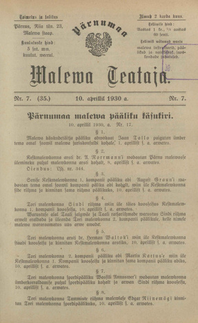 Pärnumaa Maleva Teataja ; 7 (35) 1930-04-10