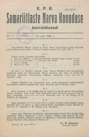 EPR Samariitlaste Narva Koonduse korraldused ; 7 1938-05-23