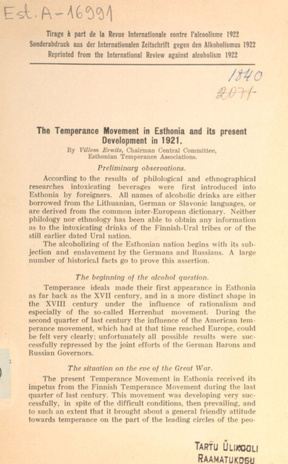 The Temperance Movement in Esthonia and its present development in 1921