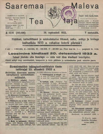 Saaremaa Maleva Teataja ; 15/16 (105/106) 1933-09-20