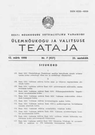 Eesti Nõukogude Sotsialistliku Vabariigi Ülemnõukogu ja Valitsuse Teataja ; 7 (927) 1990-03-12