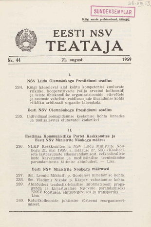 Eesti NSV Teataja = Ведомости Эстонской ССР ; 44 1959-08-21