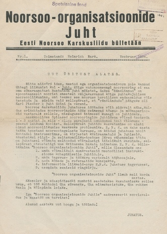 Noorsoo-organisatsioonide Juht : Eesti Noorsoo Karskusliidu bülletään ; 1 1934-02