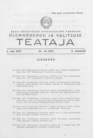 Eesti Nõukogude Sotsialistliku Vabariigi Ülemnõukogu ja Valitsuse Teataja ; 18 (387) 1973-05-04