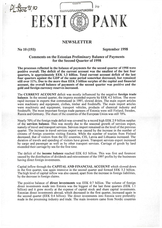 Eesti Pank : newsletter ; 10 (193) 1998-09