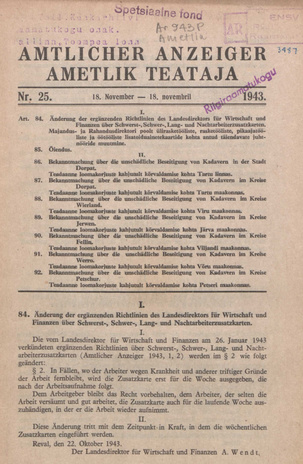 Ametlik Teataja. I/II osa = Amtlicher Anzeiger. I/II Teil ; 25 1943-11-18