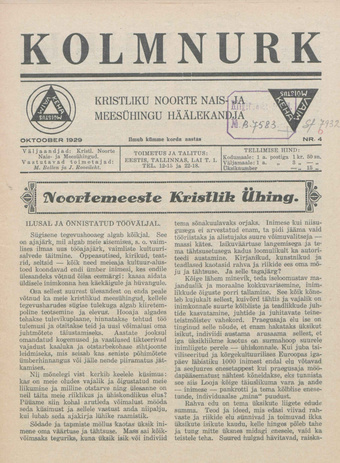 Kolmnurk : Kristlikute Noorte Nais- ja Meesühingute häälekandja ; 4 1929-10