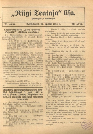Riigi Teataja Lisa : seaduste alustel avaldatud teadaanded ; 63/64 1925-04-21