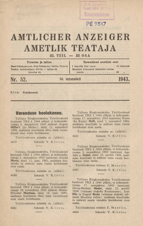 Ametlik Teataja. III osa = Amtlicher Anzeiger. III Teil ; 52 1943-12-30
