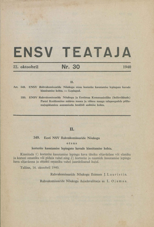Eesti NSV Teataja ; 30 1940-10-22