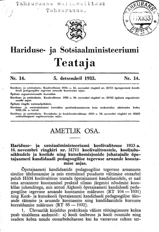 Hariduse- ja Sotsiaalministeeriumi Teataja ; 14 1933-12-05
