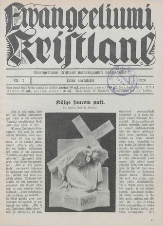 Evangeeliumi Kristlane : Tallinna Immaanueli Evangeeliumi Kristlaste vabausuühingu häälekandja ; 2 1926