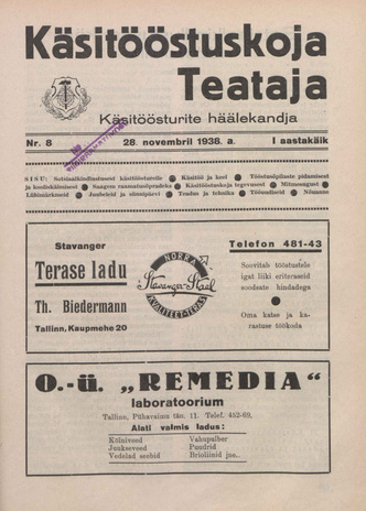 Käsitööstuskoja Teataja : käsitöösturite häälekandja ; 8 1938-11-28
