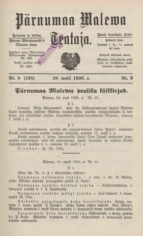 Pärnumaa Maleva Teataja ; 9 (191) 1938-07-29