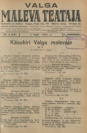 Valga Maleva Teataja ; 8 (53) 1931-05-01