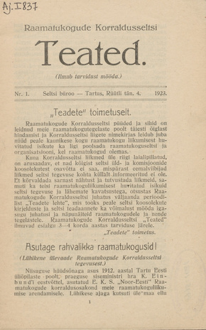 Raamatukogude Korraldusseltsi Teated ; 1 1923