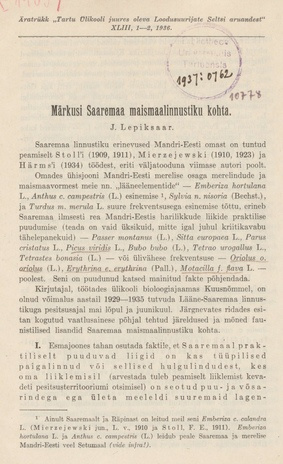 Märkusi Saaremaa maismaalinnustiku kohta = [Notes on the terrestrial birds of Saaremaa]