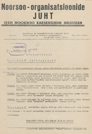 Noorsoo-organisatsioonide Juht : Eesti Noorsoo Karskusliidu bülletään ; 3-4 1936-11-20