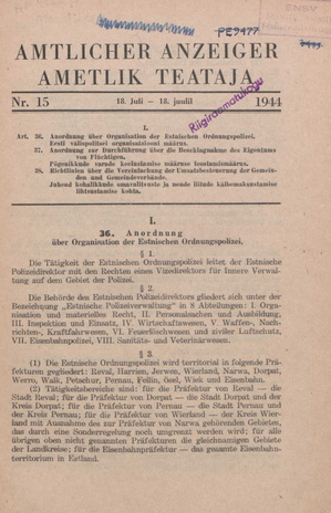 Ametlik Teataja. I/II osa = Amtlicher Anzeiger. I/II Teil ; 15 1944-07-18