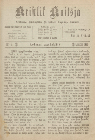 Kristlik Kaitsja : Eesti metodistide häälekandja ; 5 1922-05