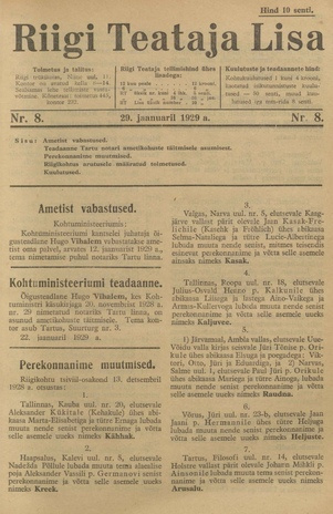Riigi Teataja Lisa : seaduste alustel avaldatud teadaanded ; 8 1929-01-29