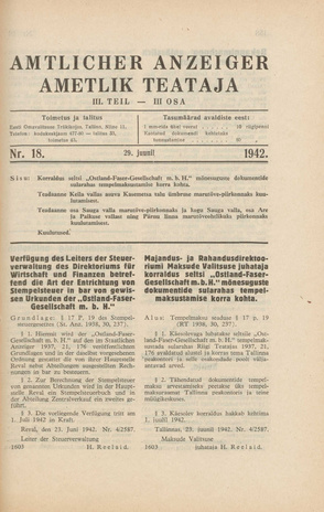 Ametlik Teataja. III osa = Amtlicher Anzeiger. III Teil ; 18 1942-06-29