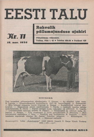 Eesti Talu : rahvalik põllumajanduse ajakiri ; 11 1938-11-18