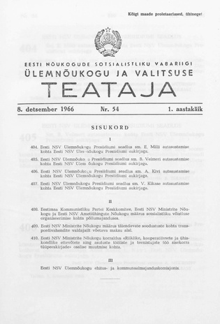 Eesti Nõukogude Sotsialistliku Vabariigi Ülemnõukogu ja Valitsuse Teataja ; 54 1966-12-08