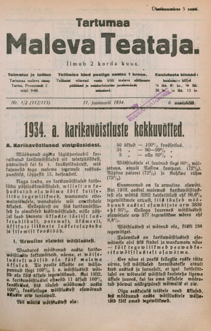 Tartumaa Maleva Teataja ; 1/2 (112/113) 1934-01-17