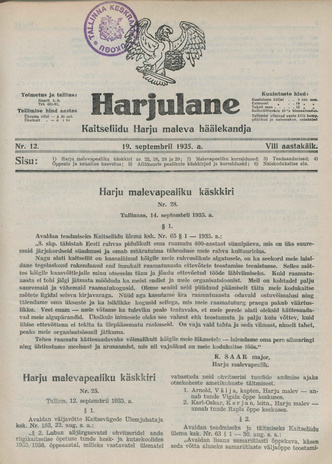 Harjulane : Kaitseliidu Harju Maleva häälekandja ; 12 1935-09-19