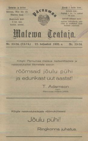 Pärnumaa Maleva Teataja ; 23-24 (73-74) 1931-12-22
