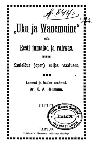 Uku ja Vanemuine ehk Eesti jumalad ja rahvas : Lauleldus (oper) neljas vaatuses