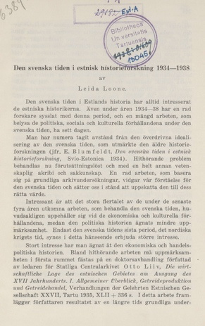 Den svenska tiden i estnisk historieforskning 1934-1938