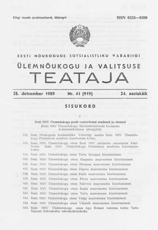 Eesti Nõukogude Sotsialistliku Vabariigi Ülemnõukogu ja Valitsuse Teataja ; 41 (919) 1989-12-28