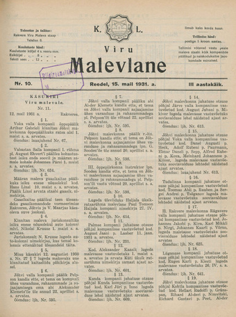K. L. Viru Malevlane ; 10 1931-05-15