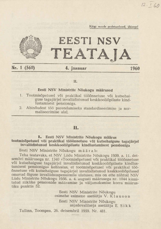 Eesti NSV Teataja = Ведомости Эстонской ССР ; 1 (560) 1960-01-04
