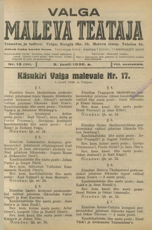Valga Maleva Teataja ; 15 (164) 1936-07-03