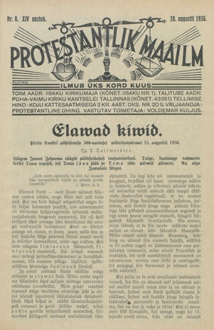 Protestantlik Maailm : Usu- ja kirikuküsimusi käsitlev vabameelne ajakiri ; 8 1936-08-28