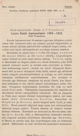 Leepra Kuuda leprosooriumis 1896-1935
