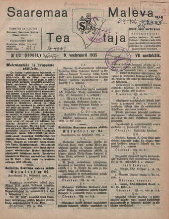 Saaremaa Maleva Teataja ; 1/2 (140/141) 1935-02-09